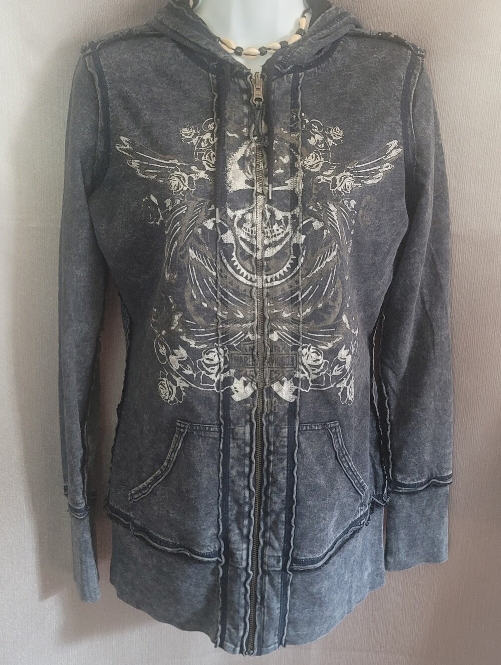 Womens Washed Gray Graphic Zip Hoodie Jacket